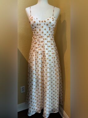 En Saison by Anthropologie Ava Cream Midi Dress with Gold Polka Dots. Medium